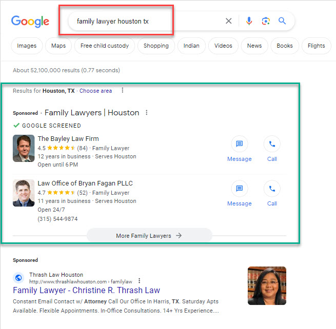 Image of the location of Local Service Ads within a Google webpage