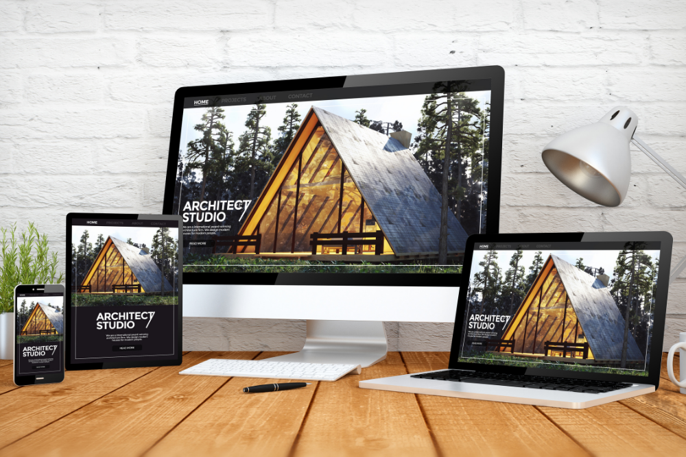 Responsive website design shown on desktop, laptop, tablet, and mobile screens.