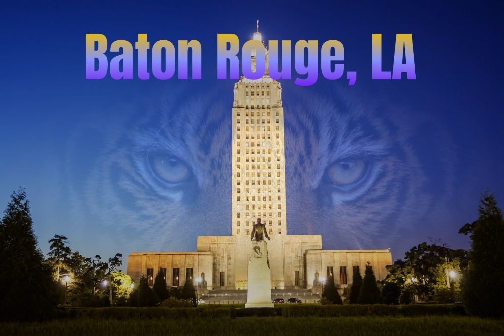 Baton Rouge LA State Capitol at night with tiger eyes background – local SEO and digital marketing theme